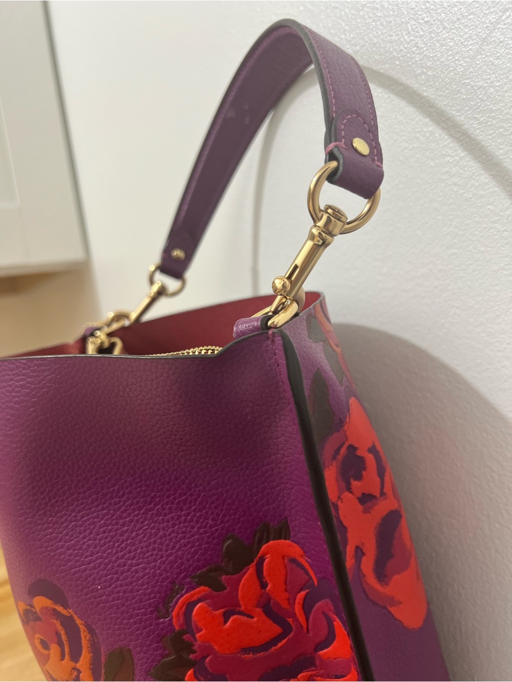 Coach Purple Floral Leather Bucket Bag - Picture 15 of 15